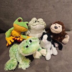 Ganz Webkinz Plush Lot 5 Frog Bullfrog Tree Frog Black White Cat Monkey Stuffed
